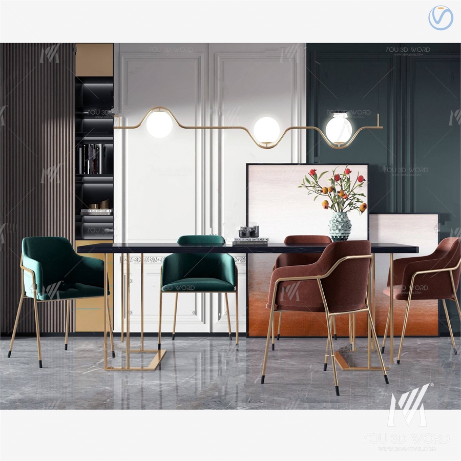 modern square marble dining table chair 3d model